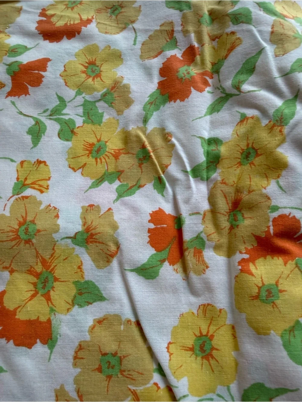 Vintage Floral Sheet and 2 Pillow Cases Set in Yellow, Orange, Green Fabric